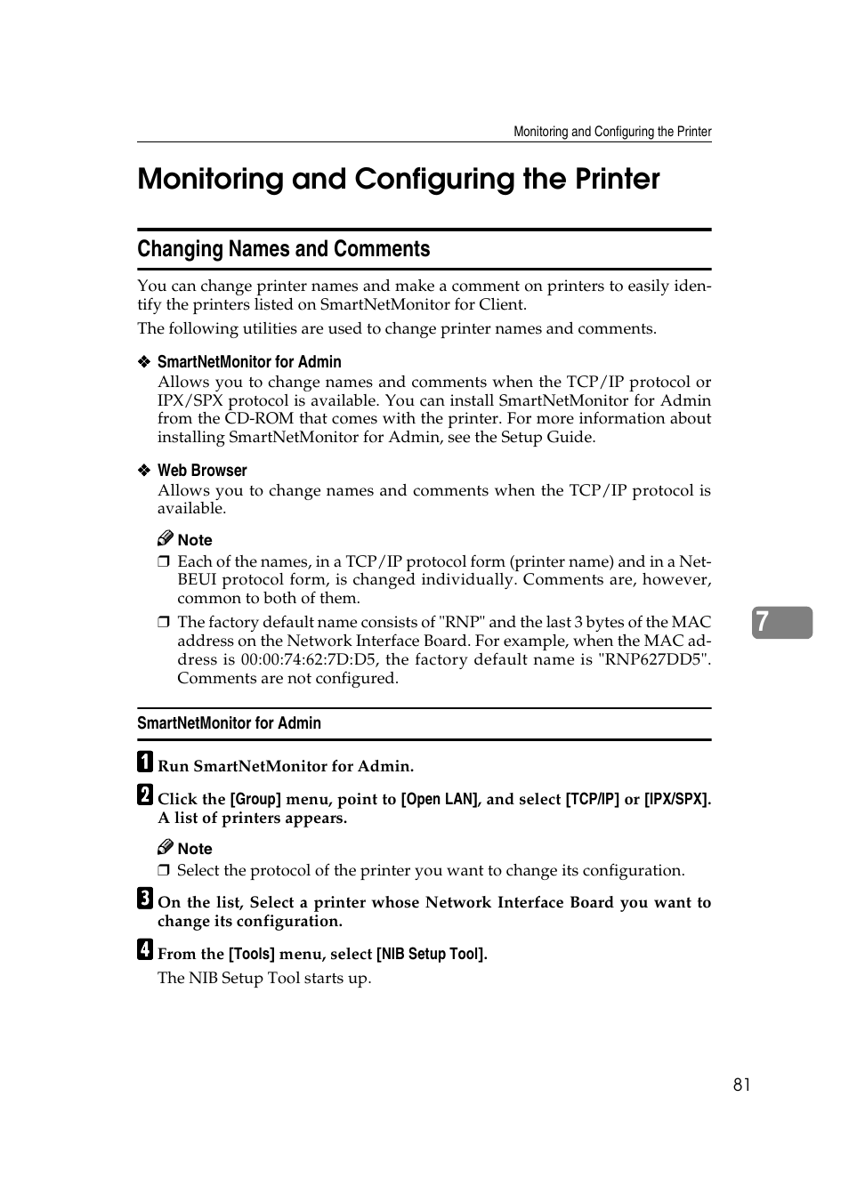 Monitoring and configuring the printer, Changing names and comments, 7monitoring and configuring the printer | Ricoh AP2610N User Manual | Page 371 / 472