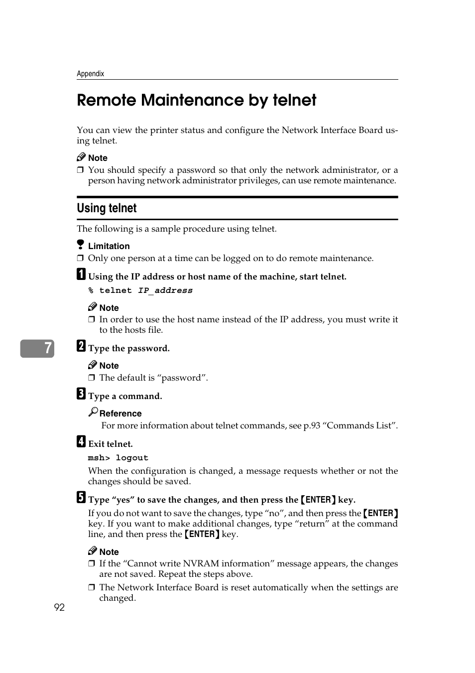 Remote maintenance by telnet, Using telnet, 7remote maintenance by telnet | Ricoh AP2610N User Manual | Page 382 / 472