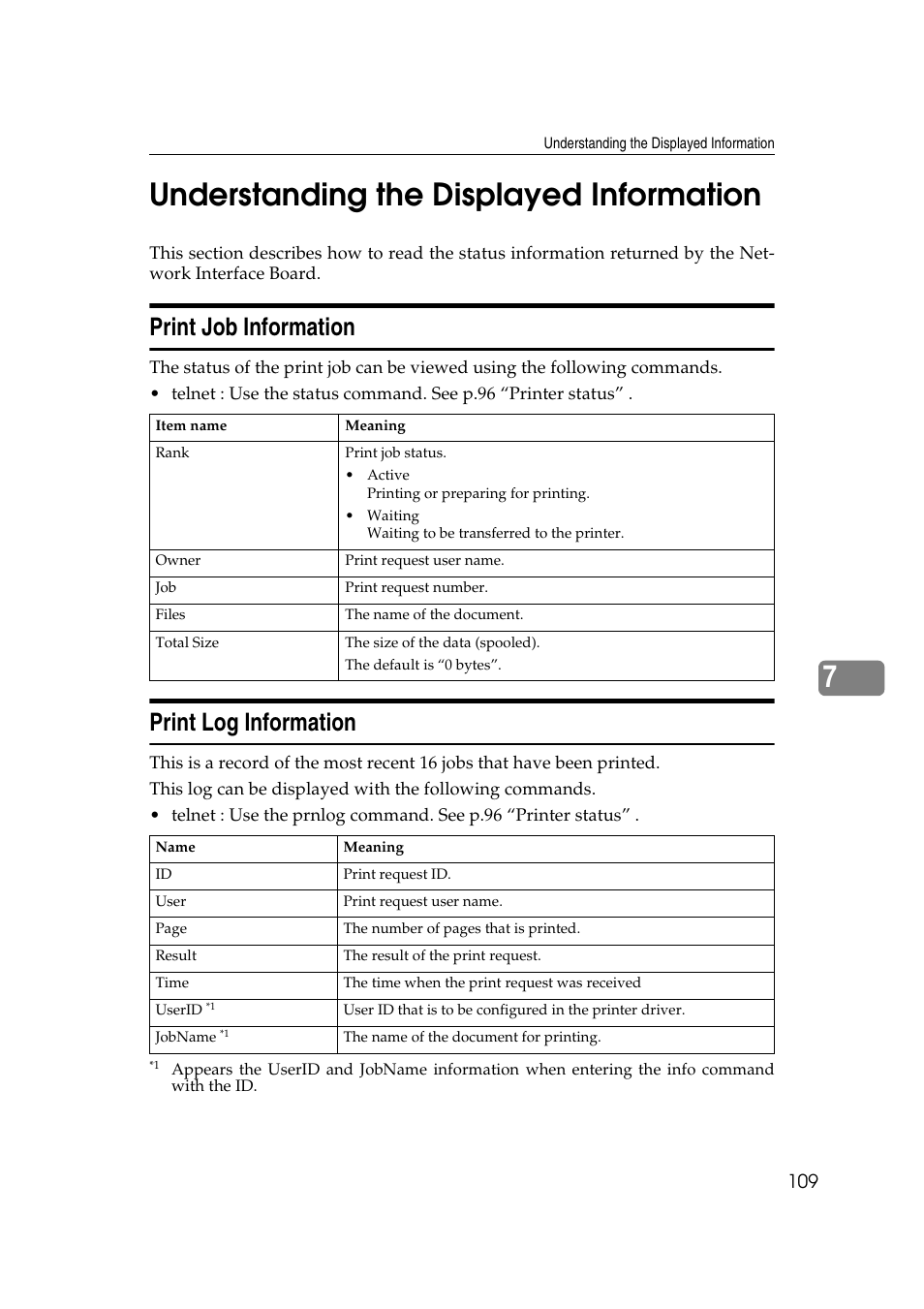 Understanding the displayed information, Print job information, Print log information | 7understanding the displayed information | Ricoh AP2610N User Manual | Page 399 / 472