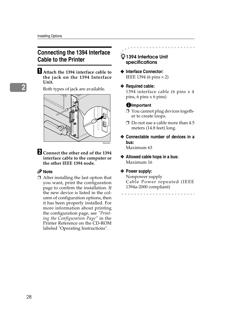 Connecting the 1394 interface cable to the printer | Ricoh AP2610N User Manual | Page 42 / 472