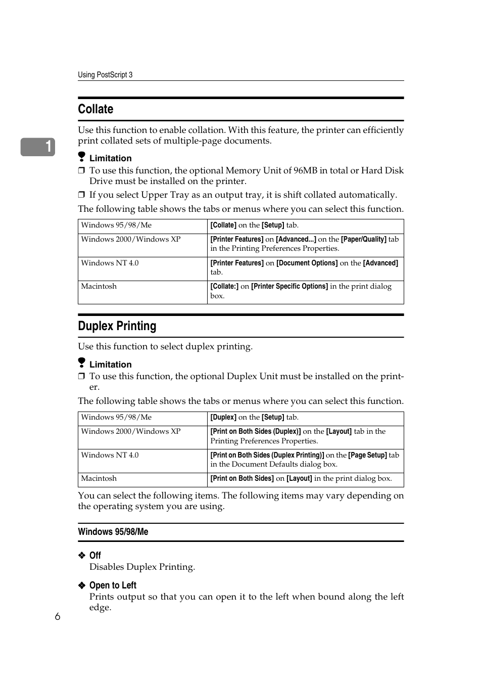 Collate, Duplex printing, Windows 95/98/me | Collate duplex printing | Ricoh AP2610N User Manual | Page 428 / 472