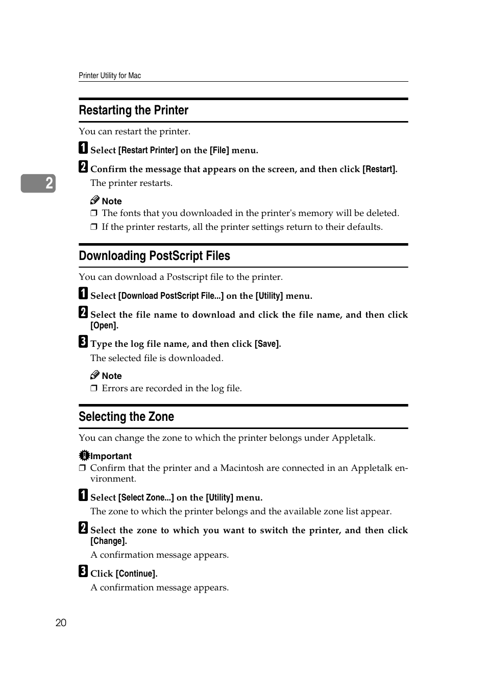 Restarting the printer, Downloading postscript files, Selecting the zone | P.20 “restarting the printer, File. see p.20 “downloading postscript files, Etalk. see p.20 “selecting the zone | Ricoh AP2610N User Manual | Page 442 / 472