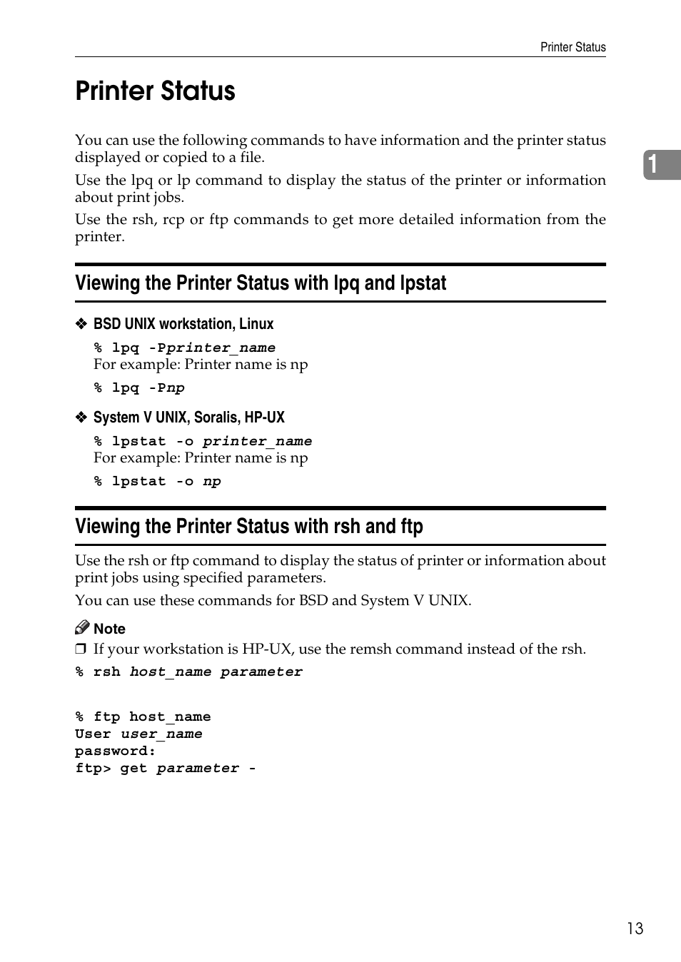 Printer status, Viewing the printer status with lpq and lpstat, Viewing the printer status with rsh and ftp | 1printer status | Ricoh AP2610N User Manual | Page 465 / 472