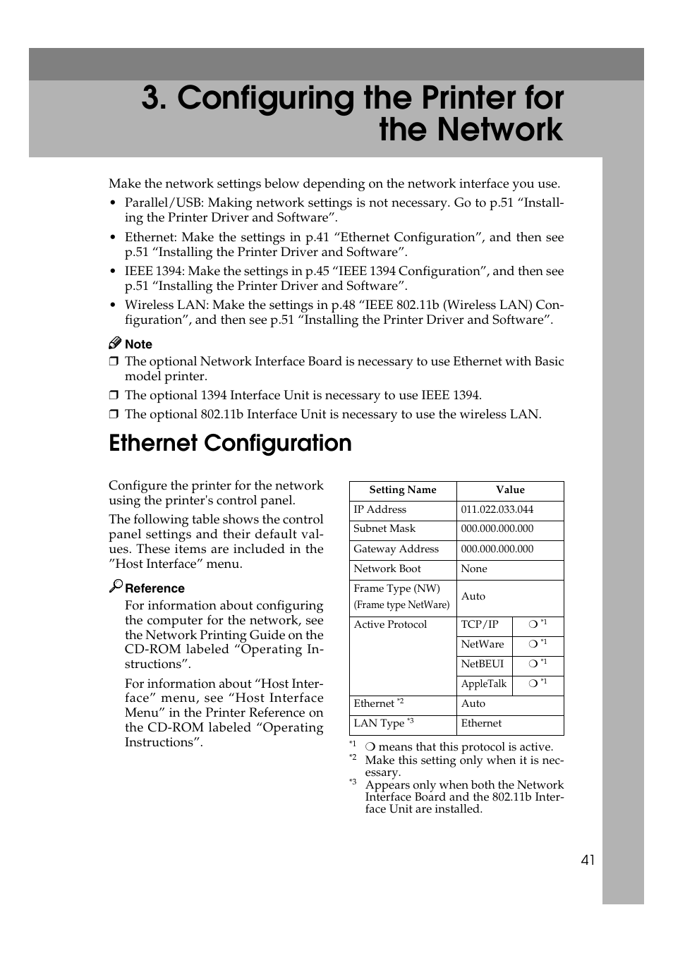  configuring the printer for the network, Ethernet configuration, Configuring the printer for the network | Ricoh AP2610N User Manual | Page 55 / 472