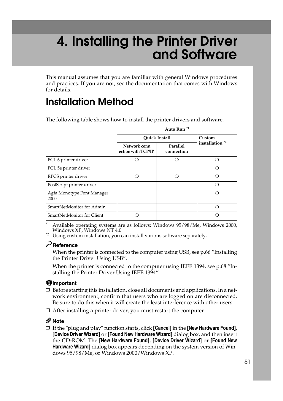 installing the printer driver and software, Installation method, Installing the printer driver and software | P.51 “install, Ing the printer driver and software, P.51 “installing the printer driver and software, E p.51 “installing the printer driver and software | Ricoh AP2610N User Manual | Page 65 / 472