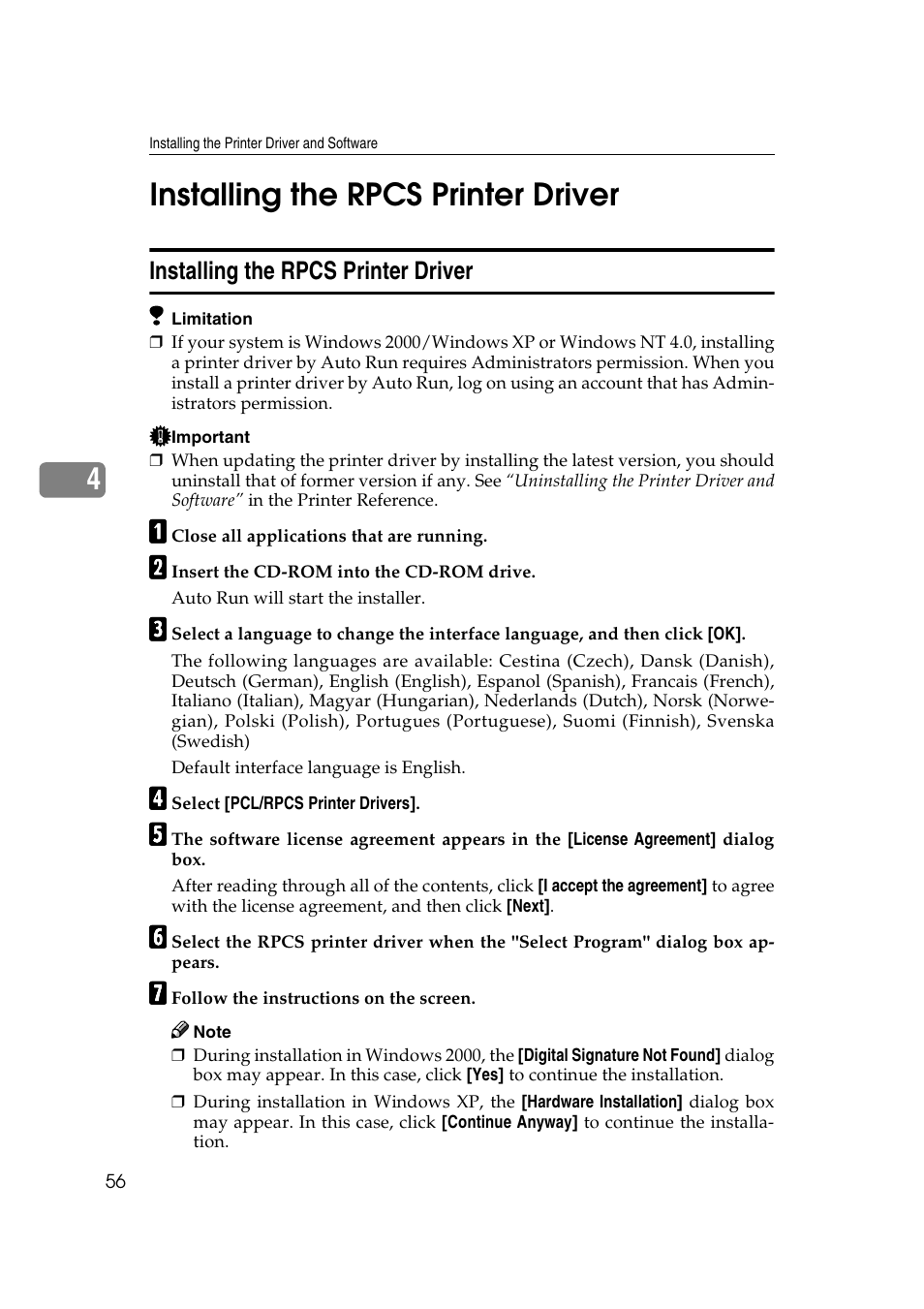 Installing the rpcs printer driver, E p.56 “installing the rpcs printer driver, 4installing the rpcs printer driver | Ricoh AP2610N User Manual | Page 70 / 472