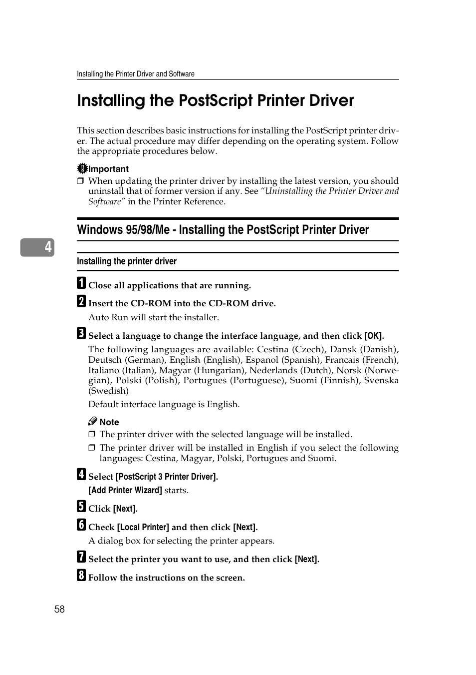 Installing the postscript printer driver, Installing the printer driver, 4installing the postscript printer driver | Ricoh AP2610N User Manual | Page 72 / 472