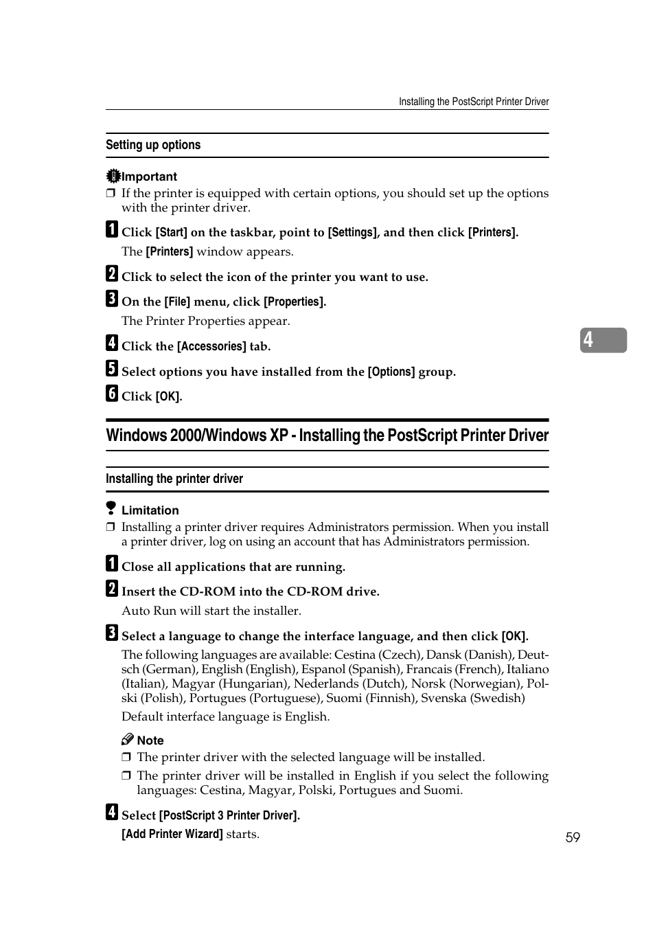 Setting up options, Installing the printer driver | Ricoh AP2610N User Manual | Page 73 / 472
