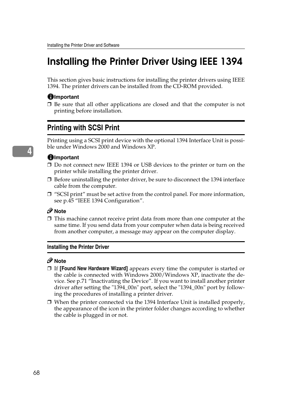 Installing the printer driver using ieee 1394, Printing with scsi print, Installing the printer driver | Ricoh AP2610N User Manual | Page 82 / 472