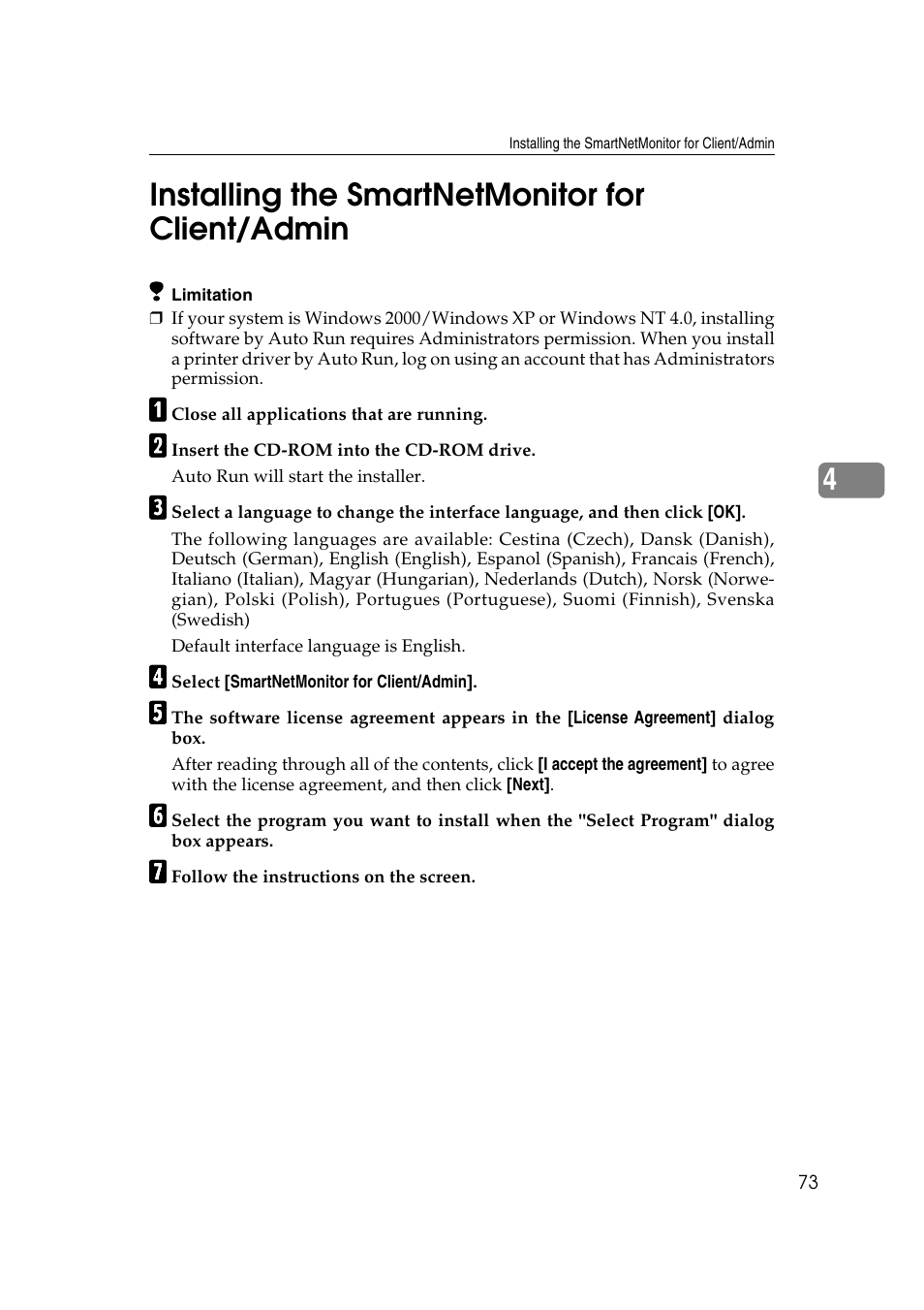 Installing the smartnetmonitor for client/admin, 4installing the smartnetmonitor for client/admin | Ricoh AP2610N User Manual | Page 87 / 472