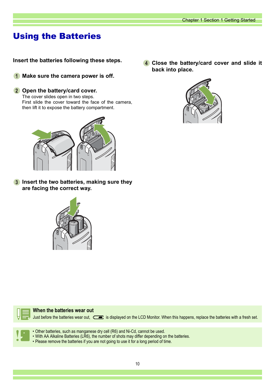 Using the batteries | Ricoh CAPLIO G4 WIDE User Manual | Page 10 / 190