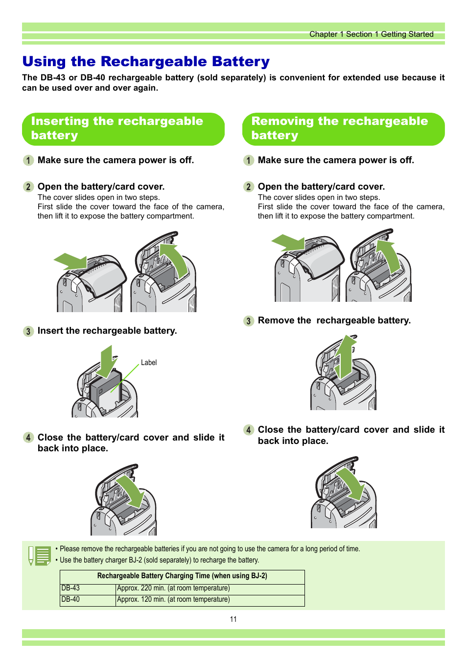 Using the rechargeable battery, Inserting the rechargeable battery, Removing the rechargeable battery | Ricoh CAPLIO G4 WIDE User Manual | Page 11 / 190