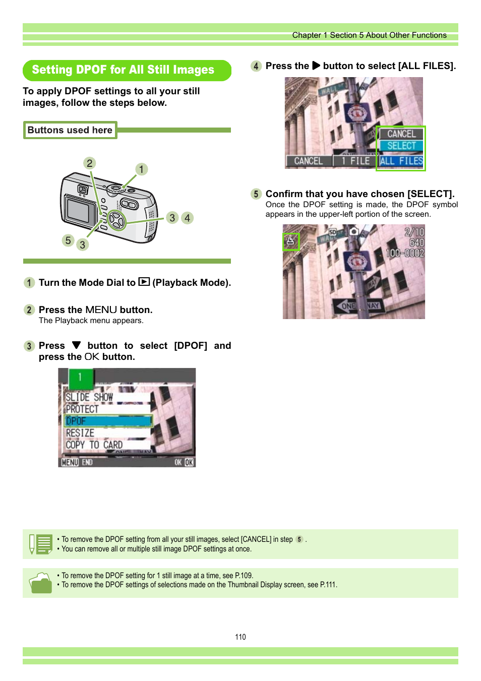 Setting dpof for all still images | Ricoh CAPLIO G4 WIDE User Manual | Page 110 / 190