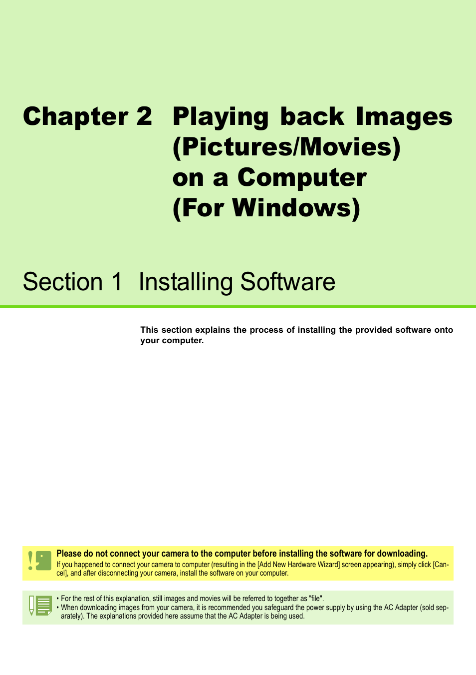 Section 1 installing software, Chapter 2 playing back images, Pictures/movies) on a | Computer (for windows) | Ricoh CAPLIO G4 WIDE User Manual | Page 124 / 190