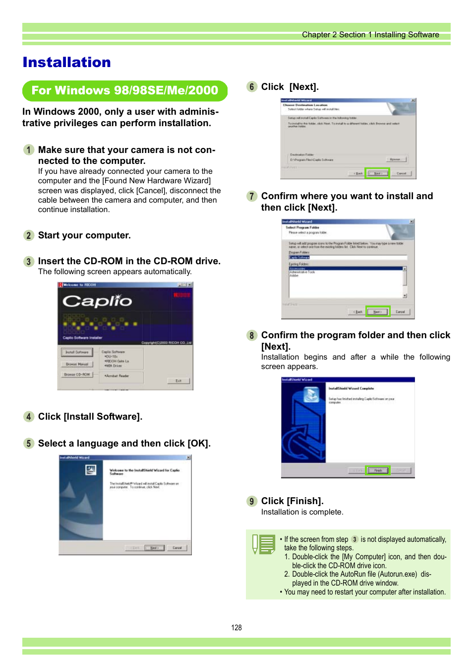 Installation, For windows 98/98se/me/2000, P.128 | Ricoh CAPLIO G4 WIDE User Manual | Page 128 / 190
