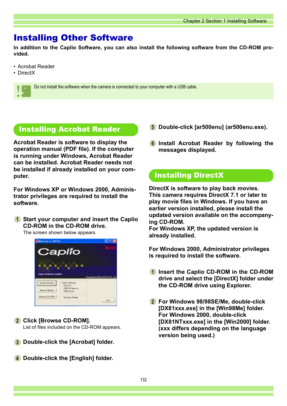 Installing other software, Installing acrobat reader, Installing directx | Installing acrobat reader installing directx, P.132 | Ricoh CAPLIO G4 WIDE User Manual | Page 132 / 190