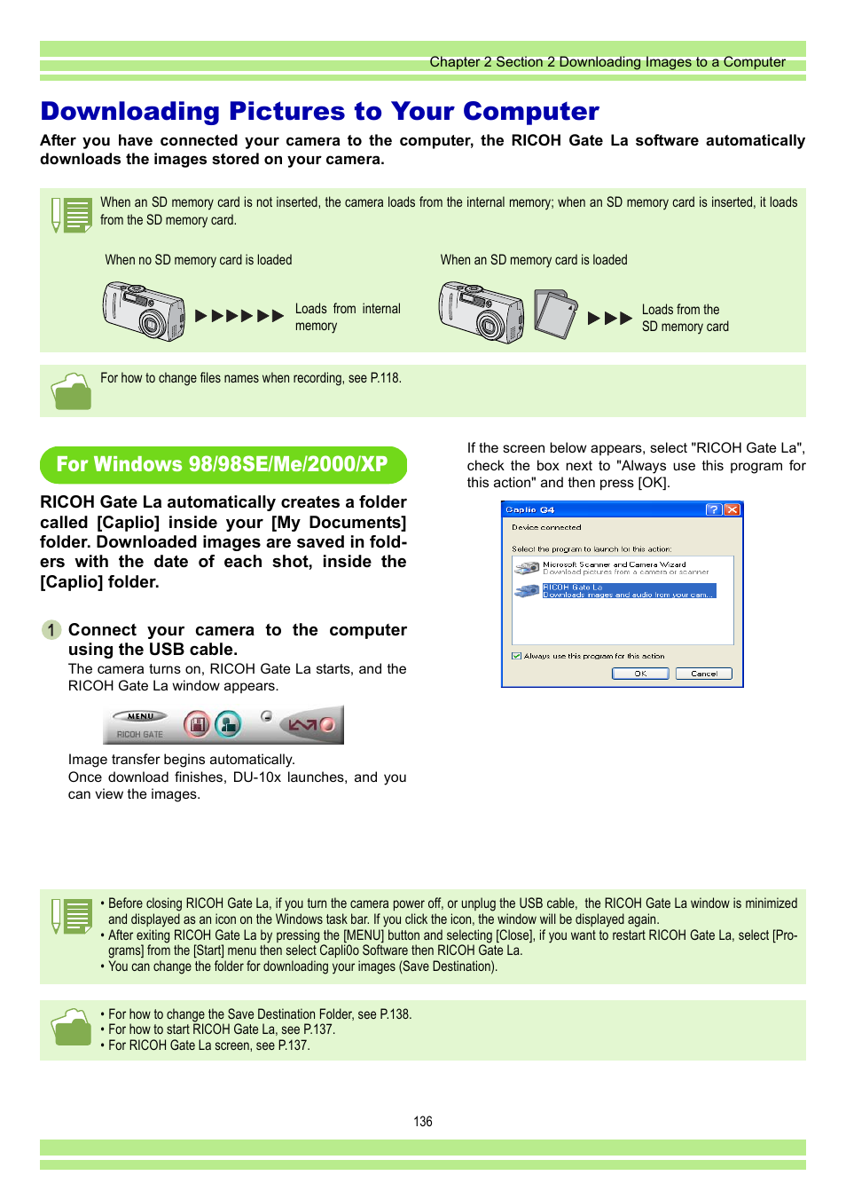 Downloading pictures to your computer, For windows 98/98se/me/2000/xp, Puter (see p.136) | P.136 | Ricoh CAPLIO G4 WIDE User Manual | Page 136 / 190