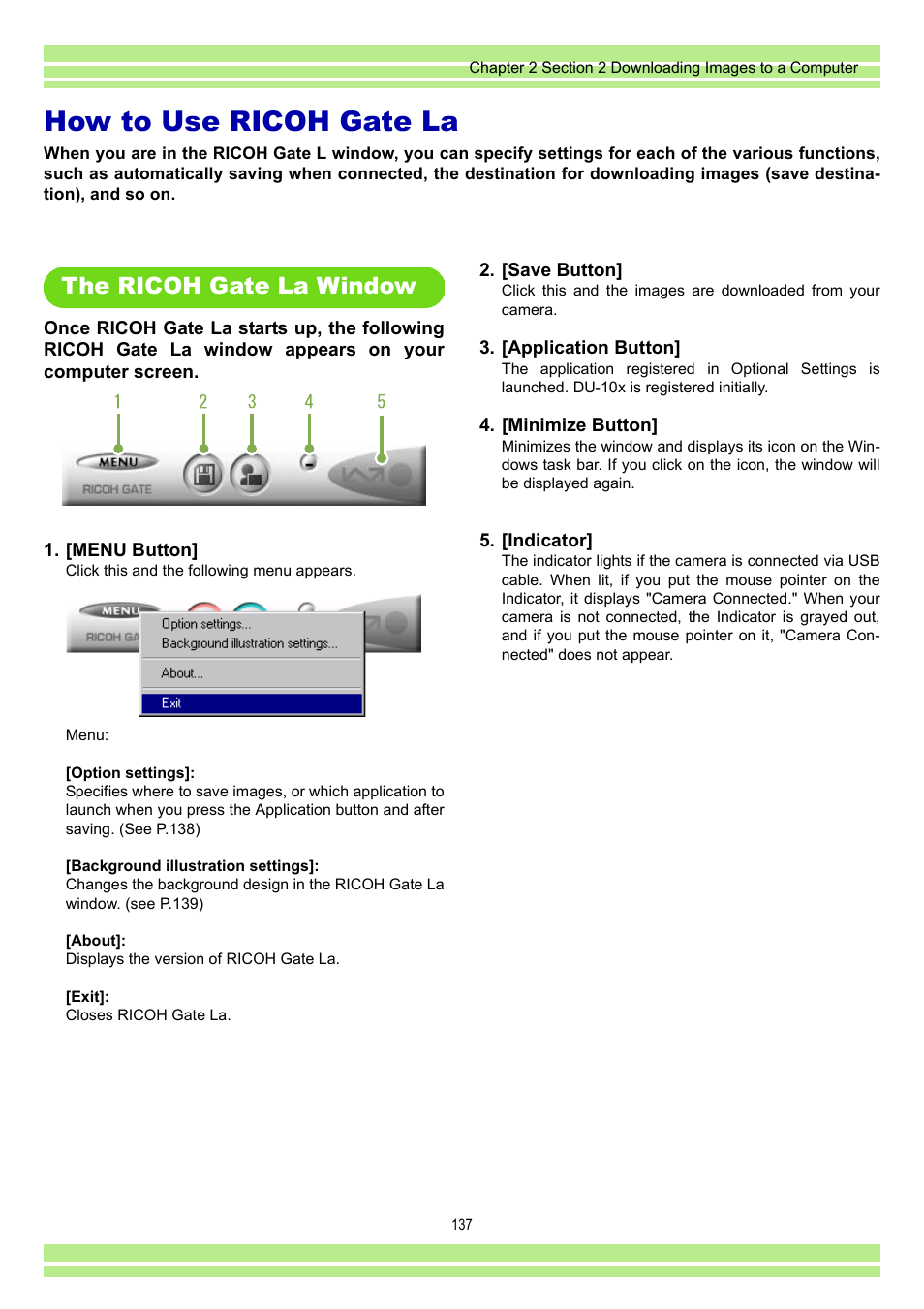 How to use ricoh gate la, The ricoh gate la window, H gate la, see p.137 | H gate la screen, see p.137 | Ricoh CAPLIO G4 WIDE User Manual | Page 137 / 190