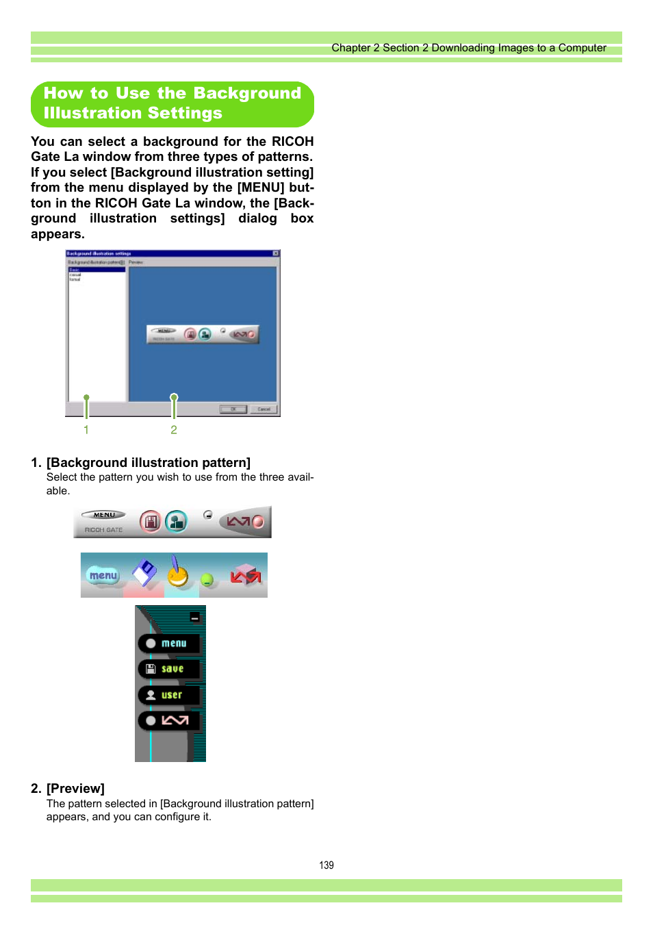 How to use the background illustration settings | Ricoh CAPLIO G4 WIDE User Manual | Page 139 / 190