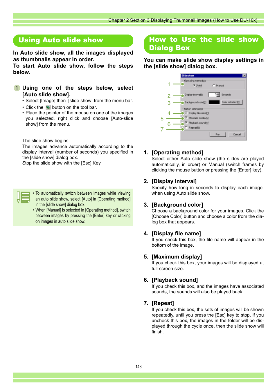Using auto slide show, How to use the slide show dialog box | Ricoh CAPLIO G4 WIDE User Manual | Page 148 / 190