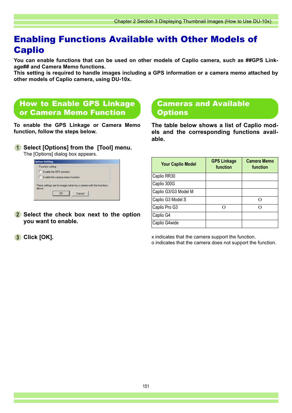 How to enable gps linkage or camera memo function, Cameras and available options | Ricoh CAPLIO G4 WIDE User Manual | Page 151 / 190