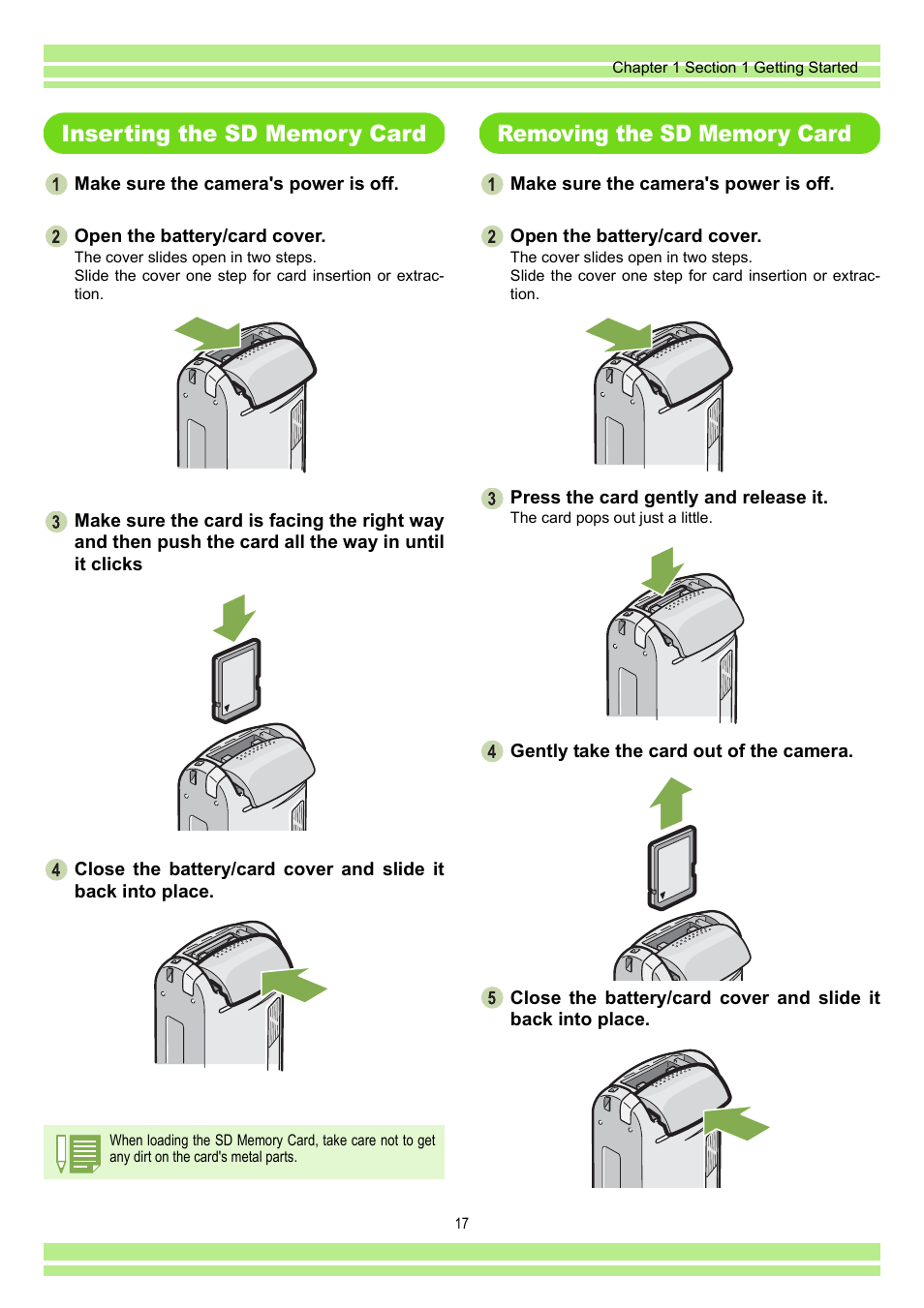 Inserting the sd memory card, Removing the sd memory card | Ricoh CAPLIO G4 WIDE User Manual | Page 17 / 190