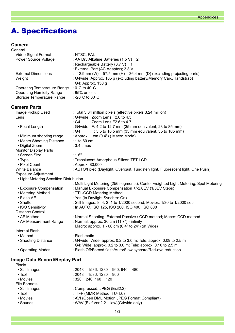 A. specifications, Camera, Camera parts | Image data record/replay part | Ricoh CAPLIO G4 WIDE User Manual | Page 173 / 190