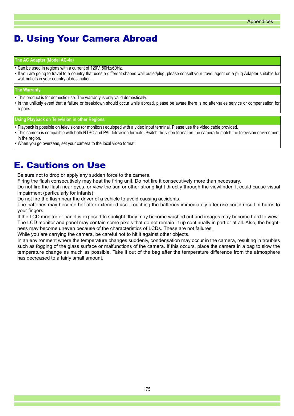 D. using your camera abroad, E. cautions on use, D. using your camera abroad e. cautions on use | Ricoh CAPLIO G4 WIDE User Manual | Page 175 / 190