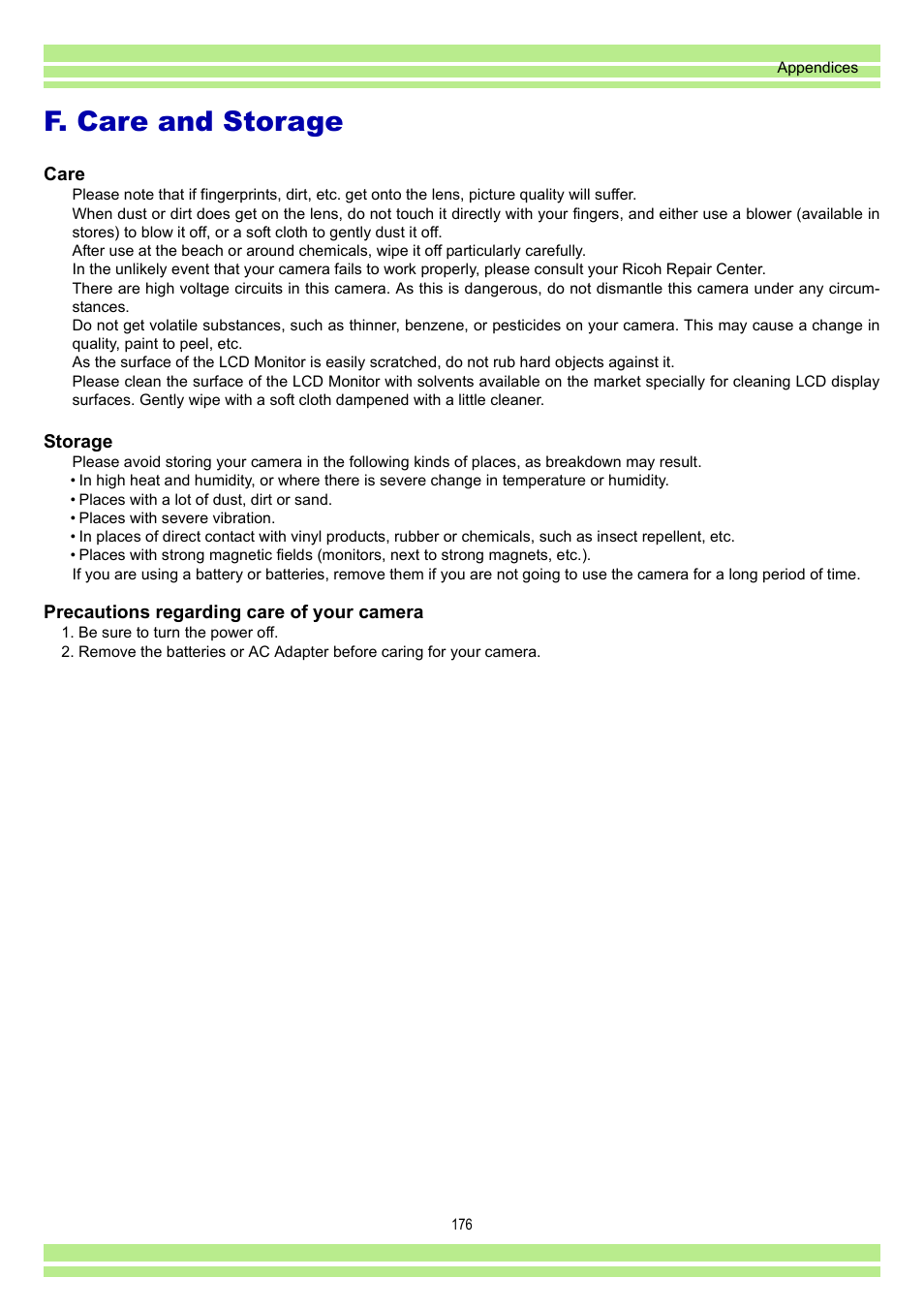 F. care and storage | Ricoh CAPLIO G4 WIDE User Manual | Page 176 / 190