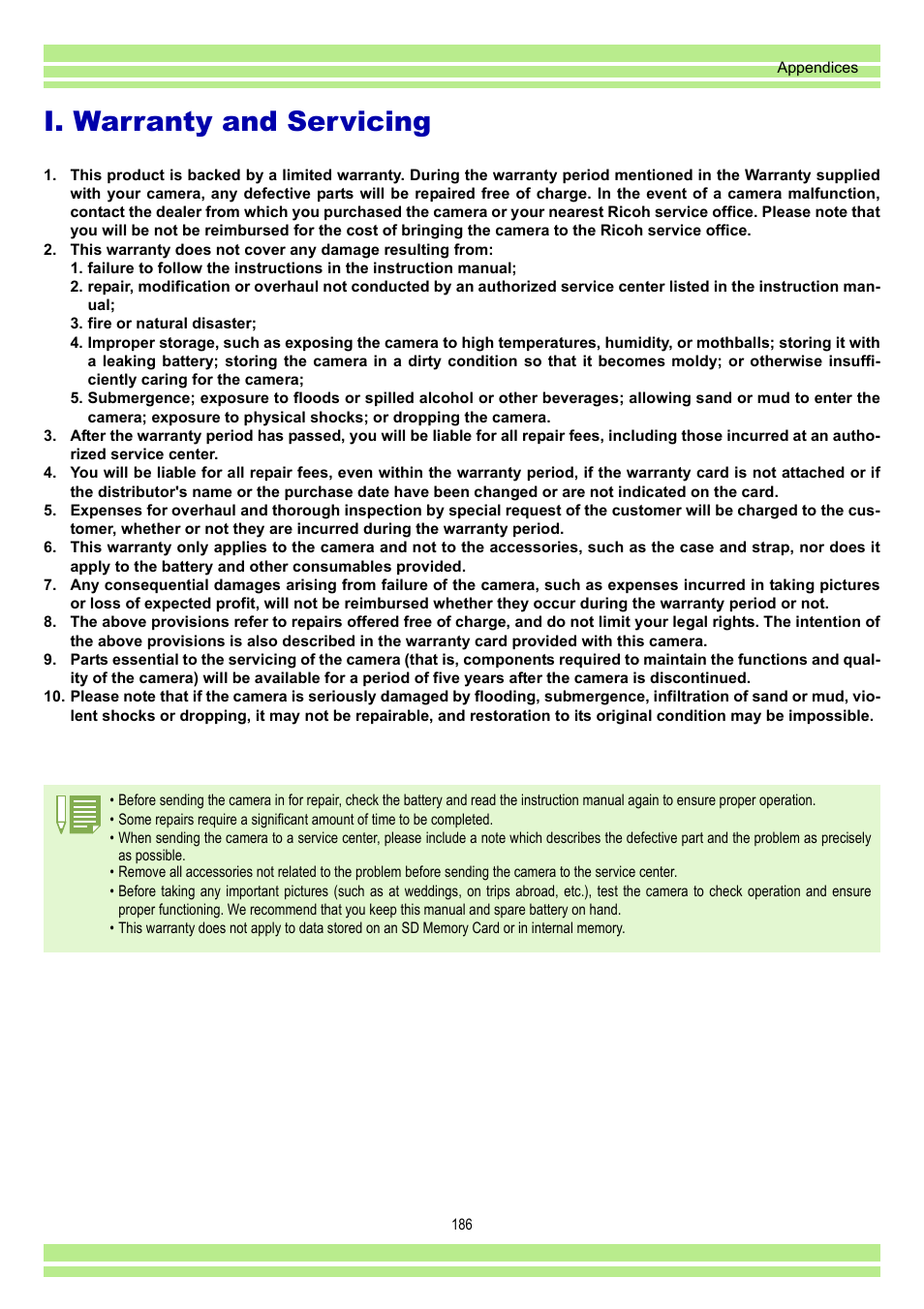 I. warranty and servicing | Ricoh CAPLIO G4 WIDE User Manual | Page 186 / 190