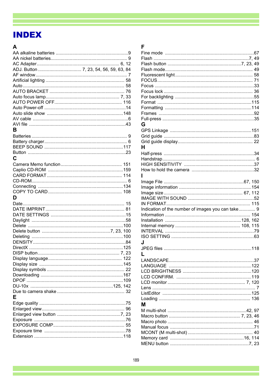 Index | Ricoh CAPLIO G4 WIDE User Manual | Page 189 / 190