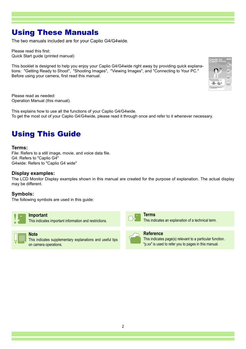 Using these manuals, Using this guide | Ricoh CAPLIO G4 WIDE User Manual | Page 2 / 190