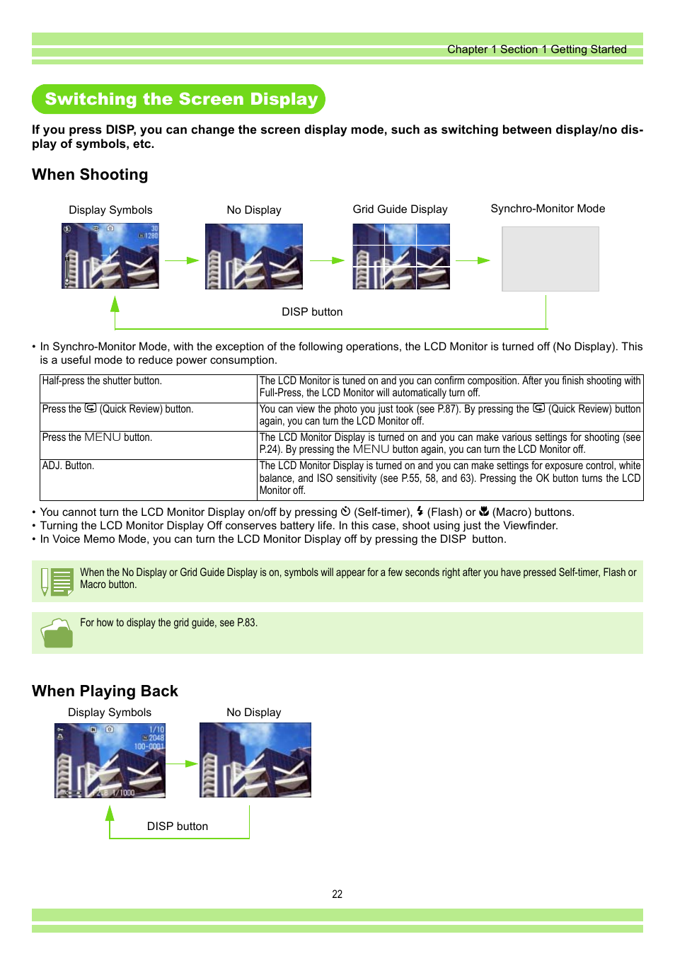 Switching the screen display, When shooting, When playing back | Ricoh CAPLIO G4 WIDE User Manual | Page 22 / 190