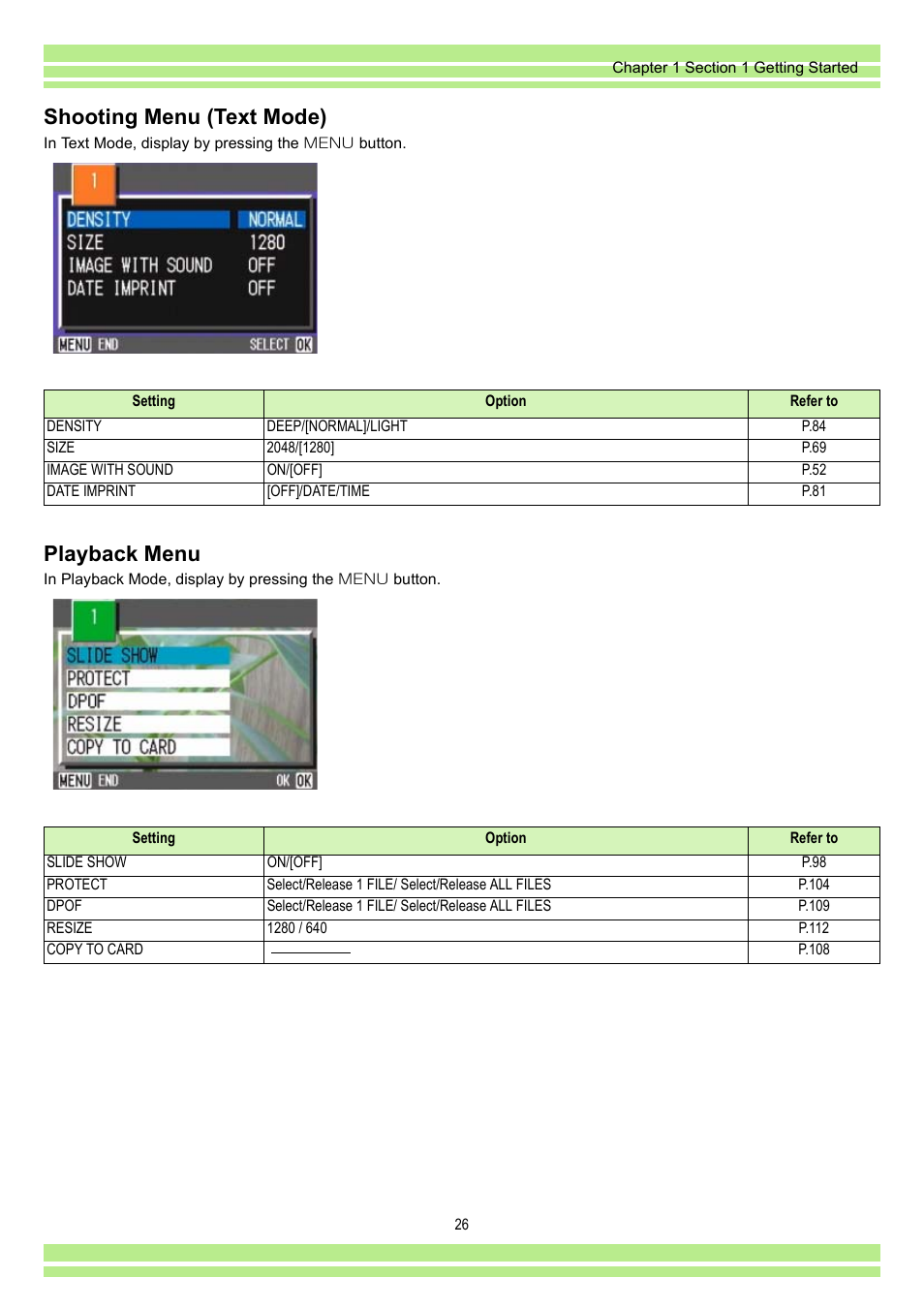 Shooting menu (text mode), Playback menu | Ricoh CAPLIO G4 WIDE User Manual | Page 26 / 190