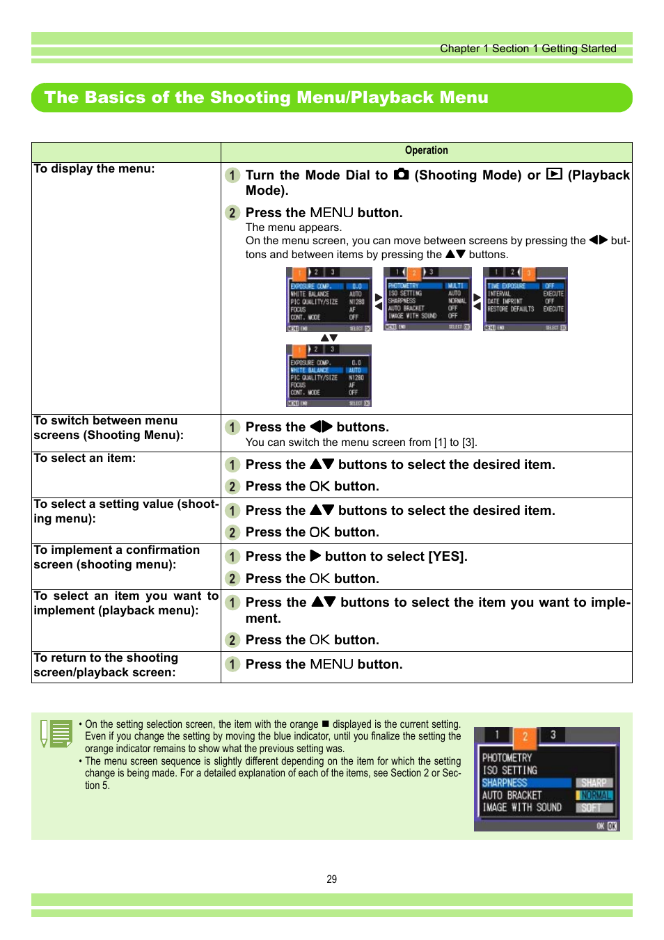 The basics of the shooting menu/playback menu | Ricoh CAPLIO G4 WIDE User Manual | Page 29 / 190