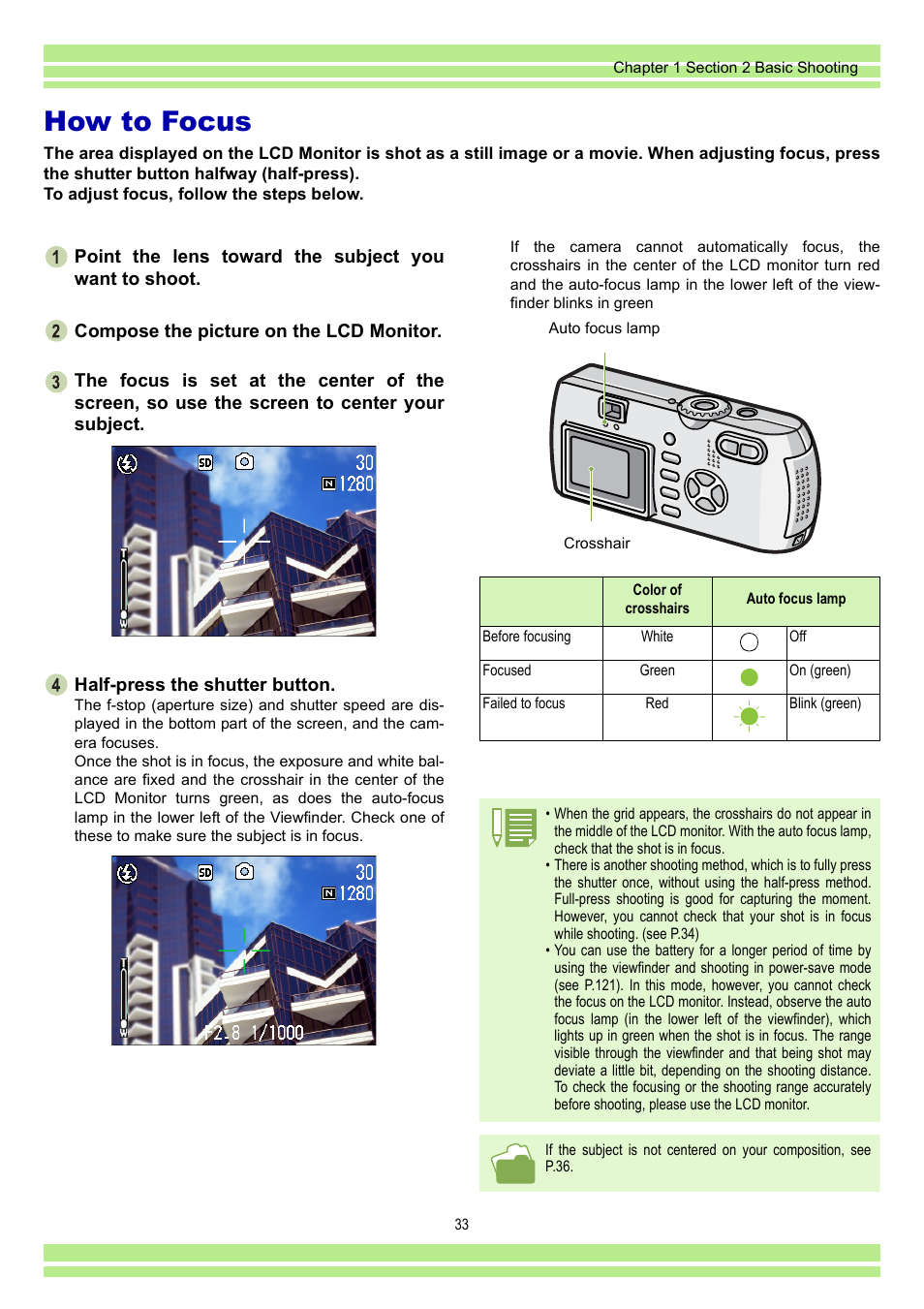How to focus, Tton, see p.33 | Ricoh CAPLIO G4 WIDE User Manual | Page 33 / 190