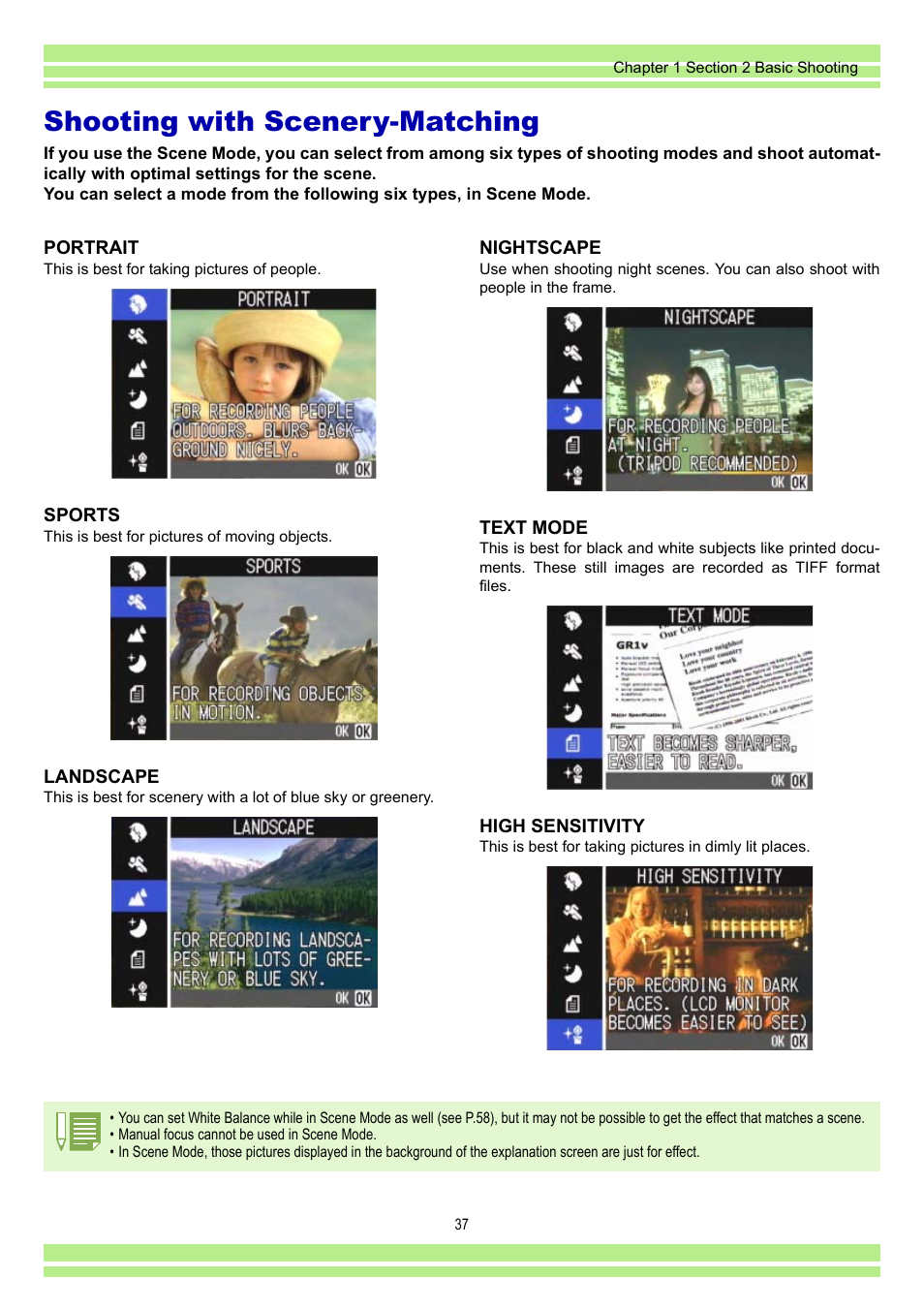Shooting with scenery-matching, P.37 | Ricoh CAPLIO G4 WIDE User Manual | Page 37 / 190