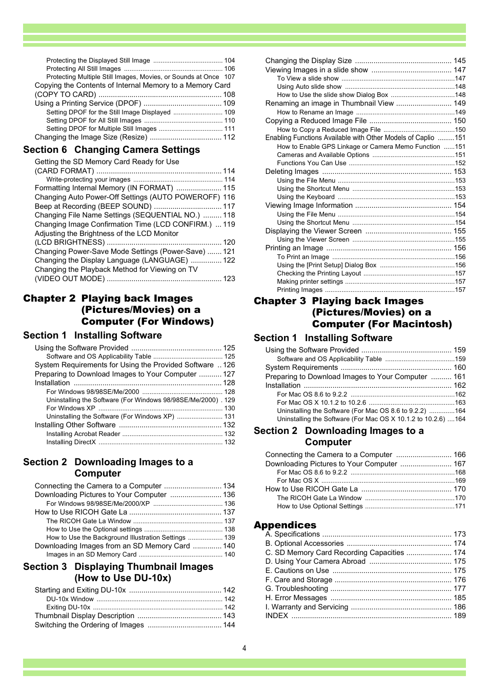 Appendices | Ricoh CAPLIO G4 WIDE User Manual | Page 4 / 190