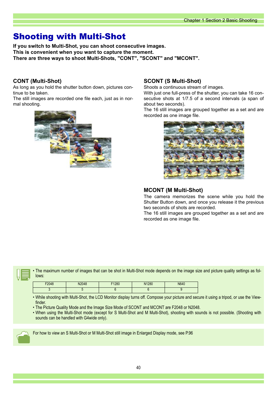 Shooting with multi-shot, P.40, Cont (multi-shot) | Scont (s multi-shot), Mcont (m multi-shot) | Ricoh CAPLIO G4 WIDE User Manual | Page 40 / 190