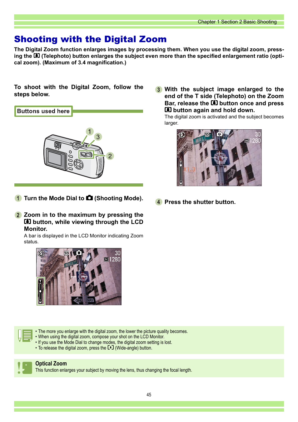 Shooting with the digital zoom | Ricoh CAPLIO G4 WIDE User Manual | Page 45 / 190
