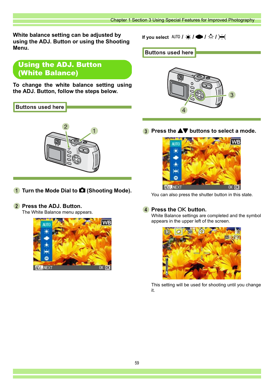 Using the adj. button (white balance) | Ricoh CAPLIO G4 WIDE User Manual | Page 59 / 190