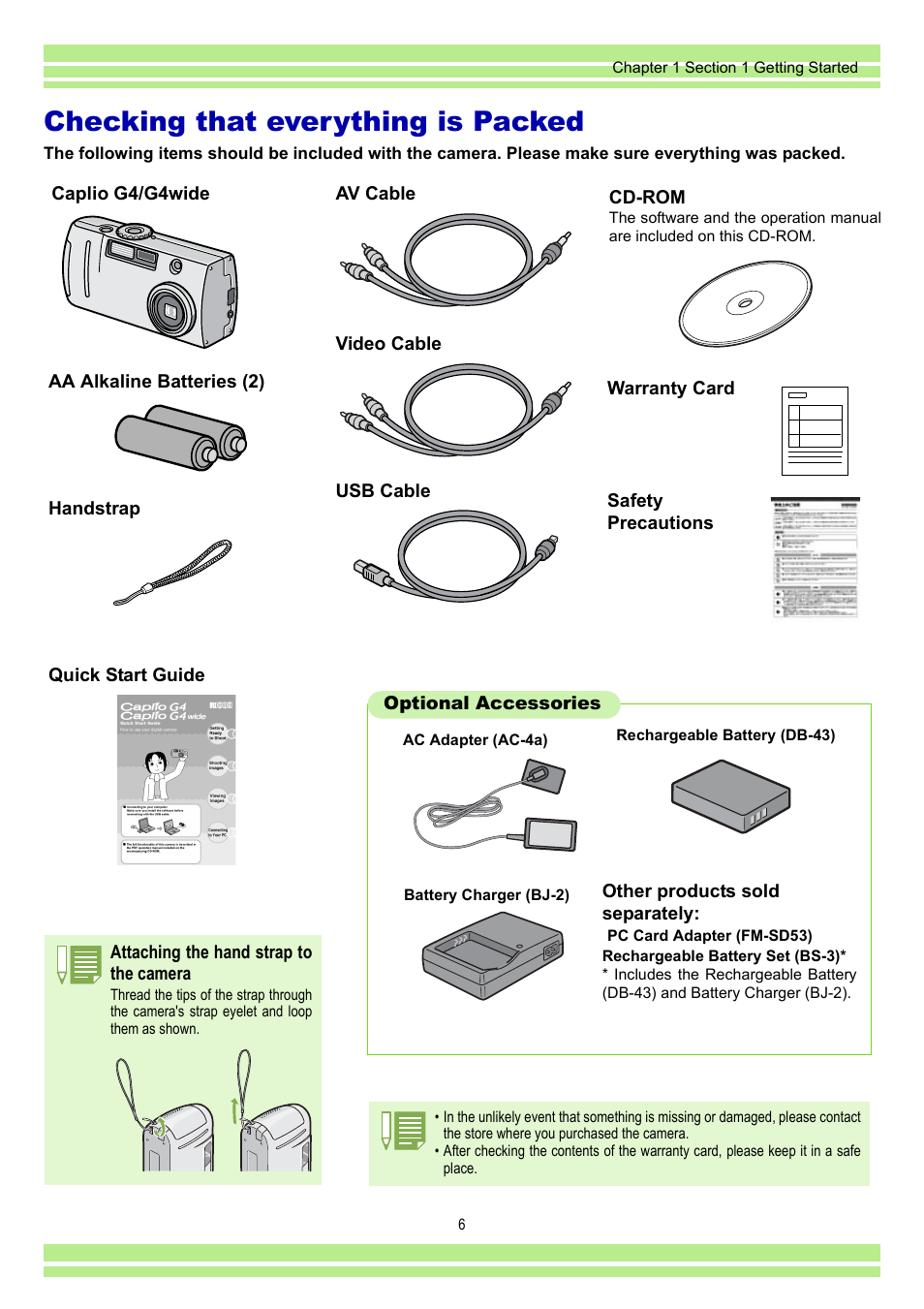 Checking that everything is packed | Ricoh CAPLIO G4 WIDE User Manual | Page 6 / 190