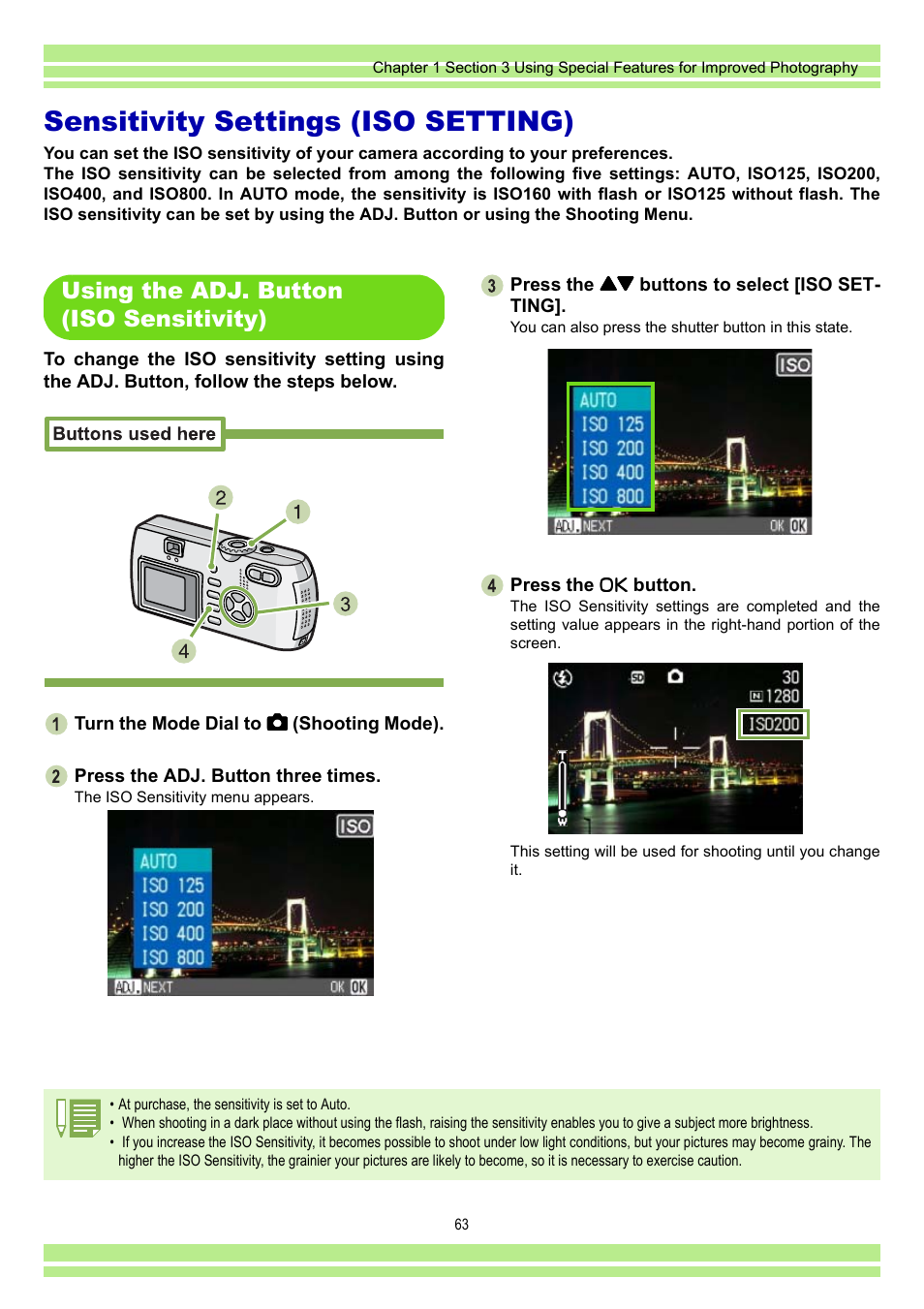 Sensitivity settings (iso setting), Using the adj. button (iso sensitivity), P.63 | Ricoh CAPLIO G4 WIDE User Manual | Page 63 / 190