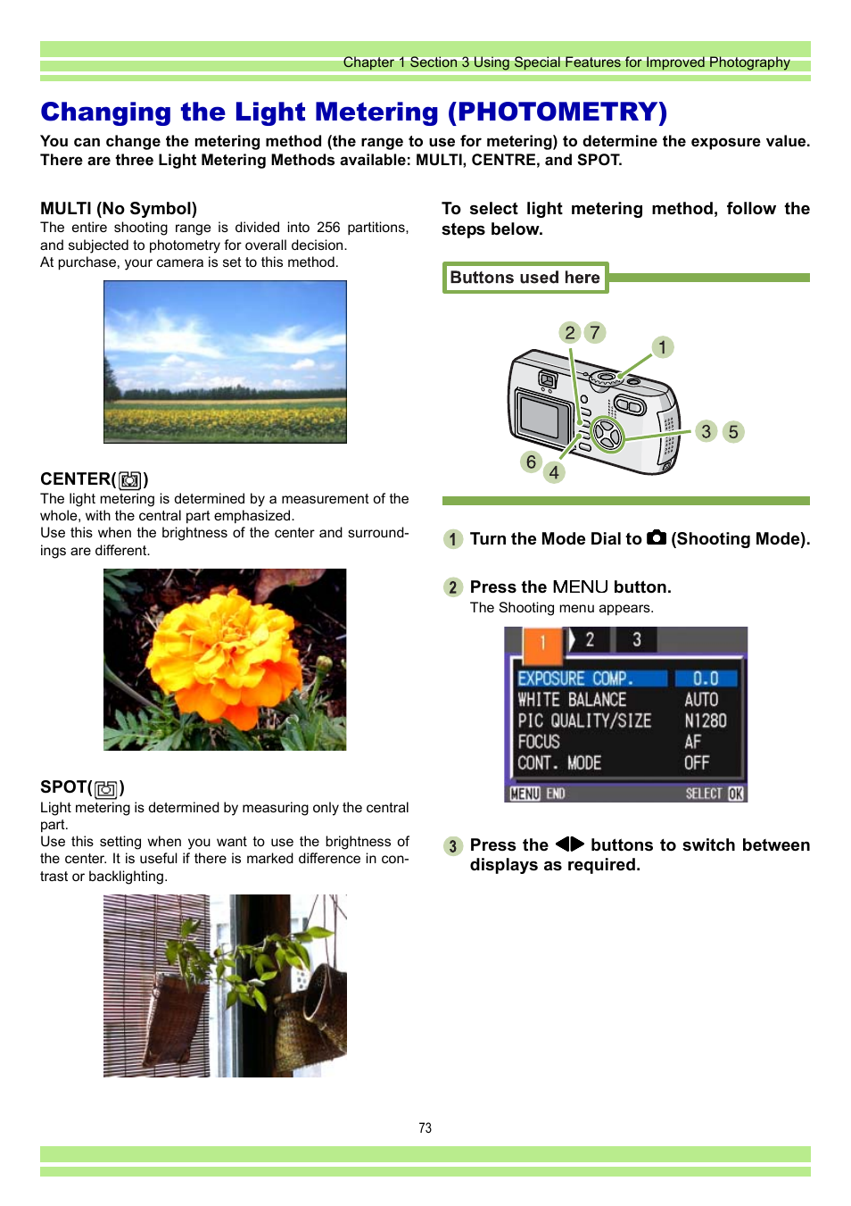 Changing the light metering (photometry), P.73 | Ricoh CAPLIO G4 WIDE User Manual | Page 73 / 190