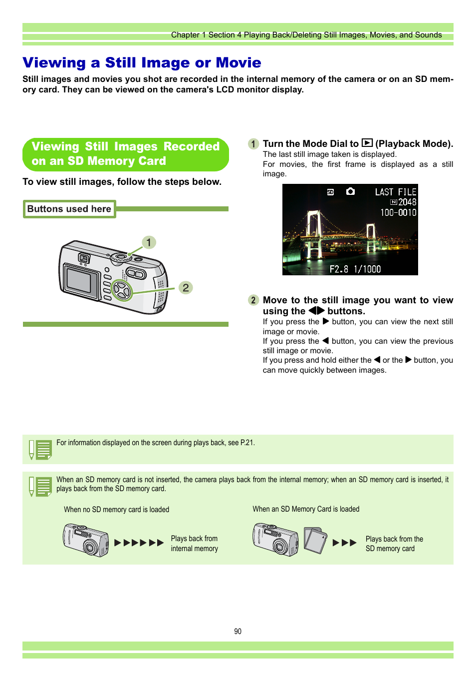 Viewing a still image or movie, Viewing still images recorded on an sd memory card, P.90 | Movie (see p.90), See p.90) | Ricoh CAPLIO G4 WIDE User Manual | Page 90 / 190