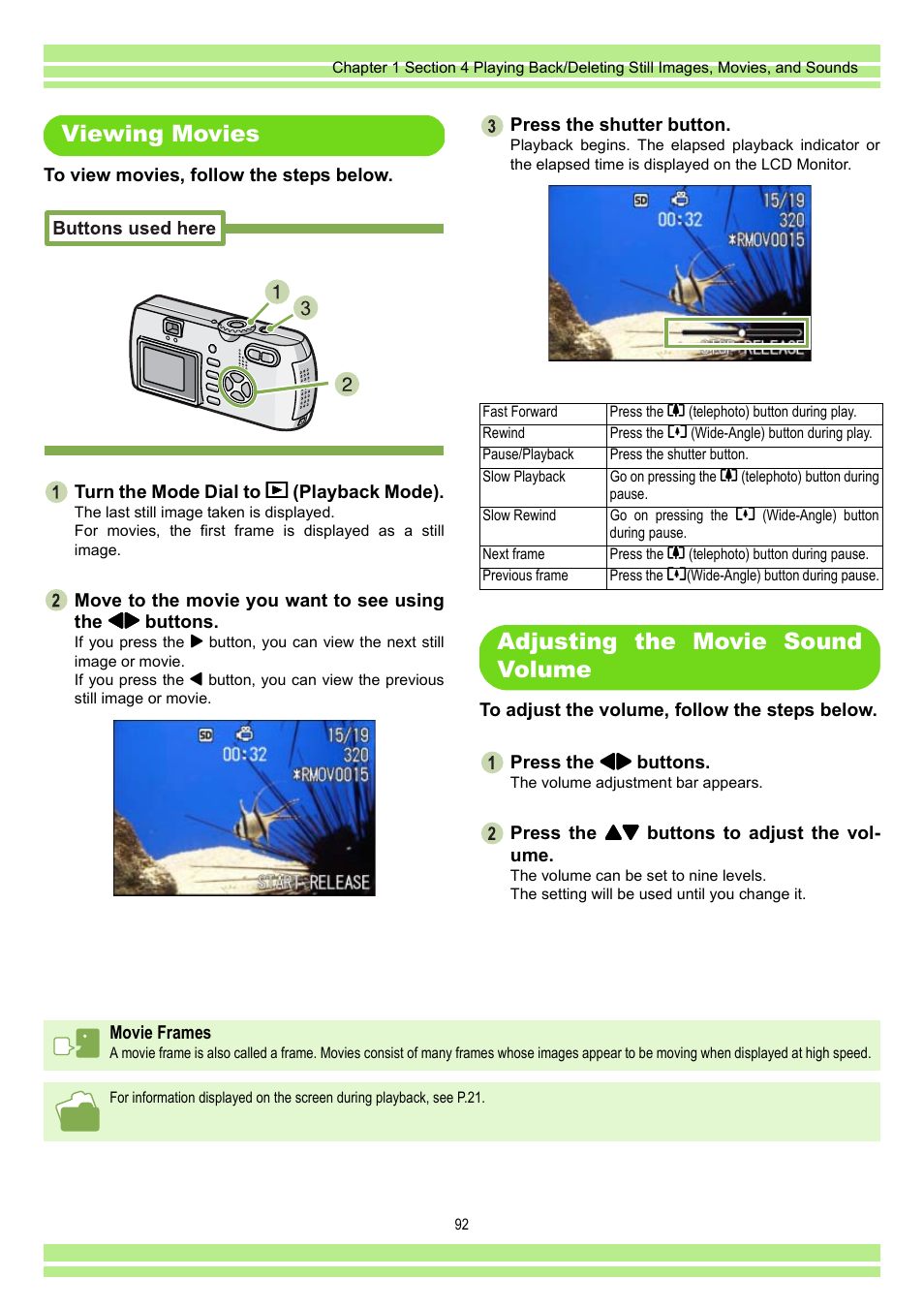Viewing movies, Adjusting the movie sound volume, Viewing movies adjusting the movie sound volume | P.92, G4wide only) (see p | Ricoh CAPLIO G4 WIDE User Manual | Page 92 / 190