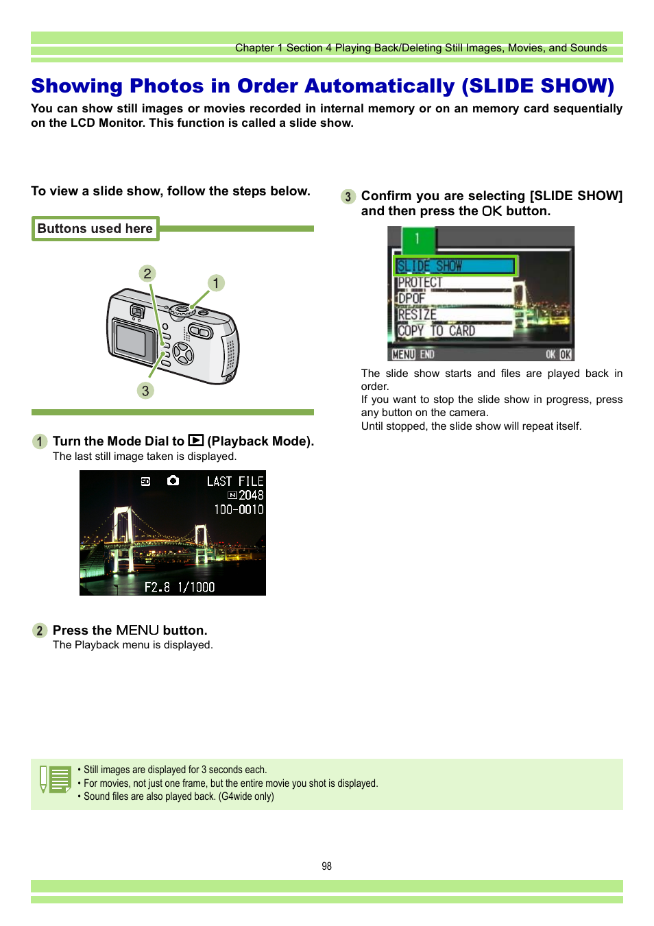 Showing photos in order automatically (slide show), P.98 | Ricoh CAPLIO G4 WIDE User Manual | Page 98 / 190