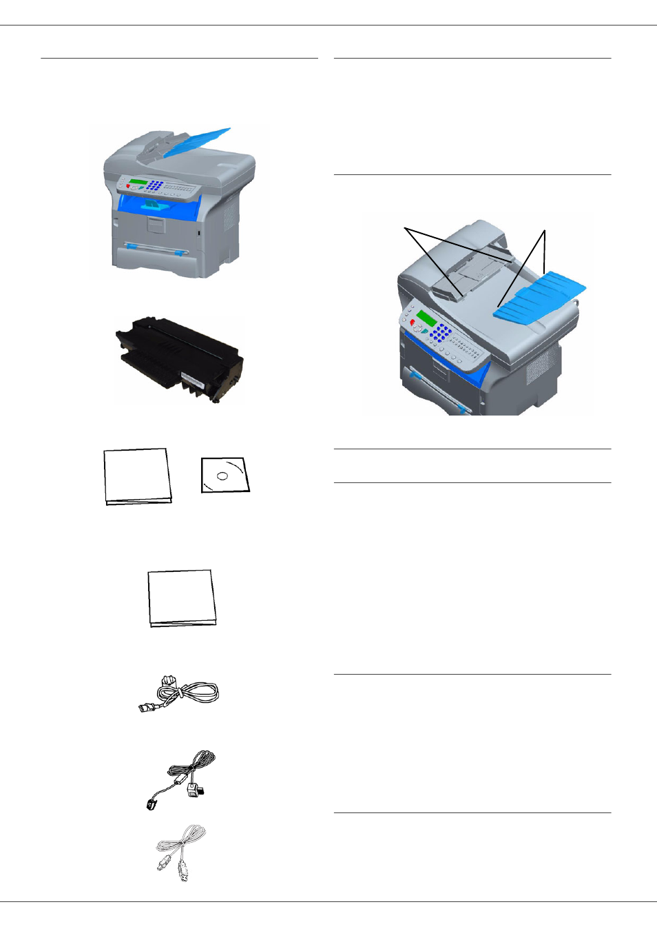 Packaging contents, Device installation, Installing the document feeder | Loading paper, Loading paper in the paper tray, Handling of paper, Humidity control, 2 - installation, Sp 1000sf | Ricoh Aficio SP 1000SF User Manual | Page 18 / 59