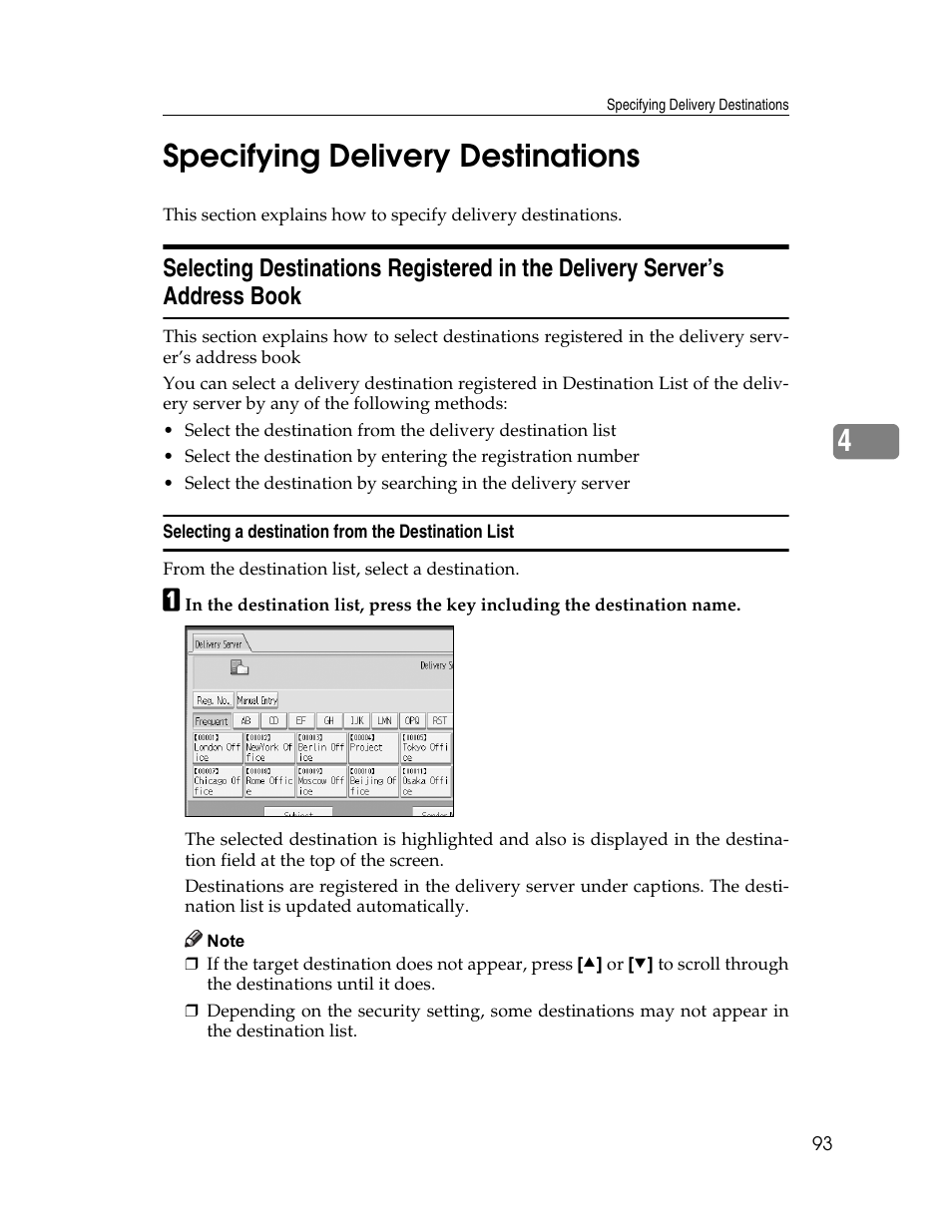Specifying delivery destinations, Selecting a destination from the destination list, P.93 “specifying delivery destinations | 4specifying delivery destinations | Ricoh Printer/Scanner Unit Type 8000 User Manual | Page 101 / 174