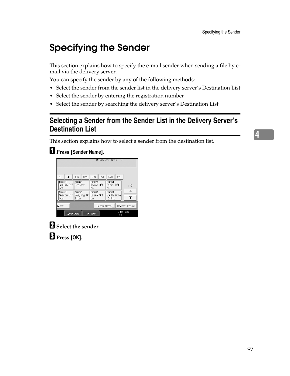 Specifying the sender, P.97 “specifying the sender, 4specifying the sender | Ricoh Printer/Scanner Unit Type 8000 User Manual | Page 105 / 174